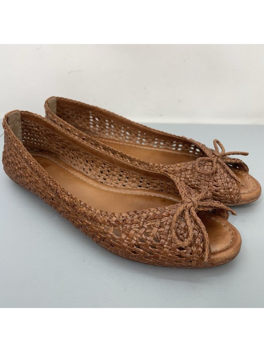 Frye Malorie Woven Peep Toe Ballet Flats Shoes Comfort Leather Womens 8 8.5